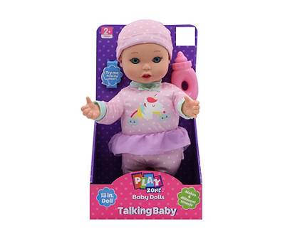 13" Pink Unicorn Outfit Talking Baby Doll, Blue Eyes