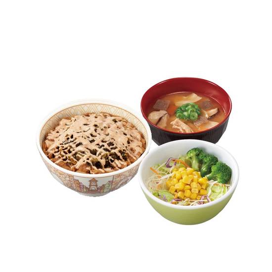 高菜明太マヨ牛丼とん汁サラダセット Gyudon(Beef Rice Bowl)w/ Mustard Leaf, Cod Caviar & Mayonnaise & Pork Miso Soup & Salad