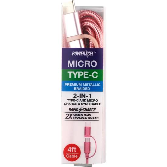 PowerXcel Type-C and Micro 2-In-1 Cable, Metallic Braided, Assorted Colors, 4 ft