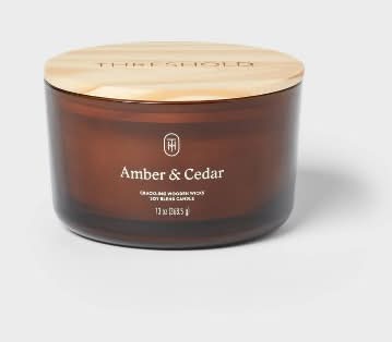 Threshold Amber Glass Wooden Wick Jar Candle, Amber-Cedar (13 oz)