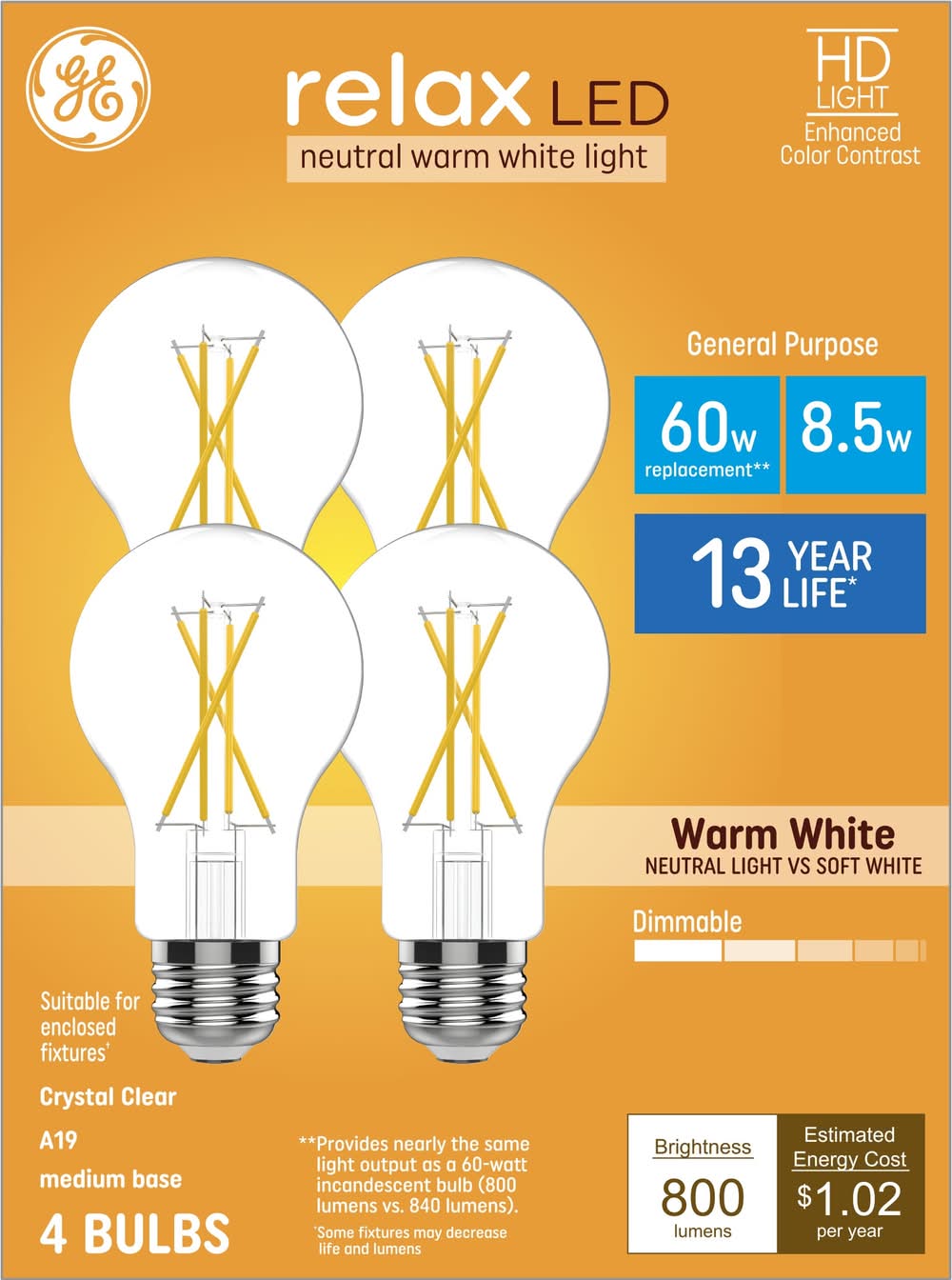 GE Relax HD 60 -Watt EQ A19 Warm white Medium screw base E26 Dimmable LED General purpose Light Bulb 4 -Pack