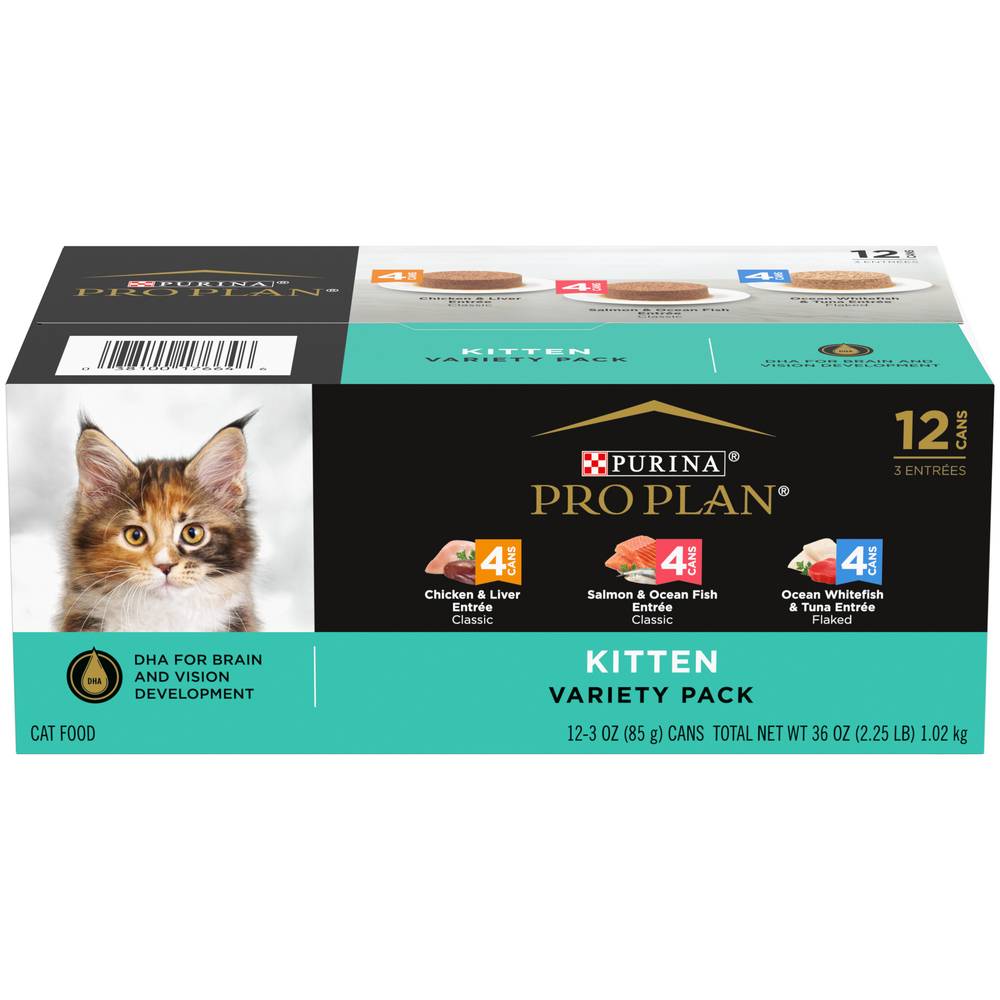 Purina Pro Plan High Protein Wet Kitten Food Variety pack, Chicken & Liver- Salmon & Oceanfish- Ocean Whitefish & Tuna Entrée (3 oz, 12 ct)