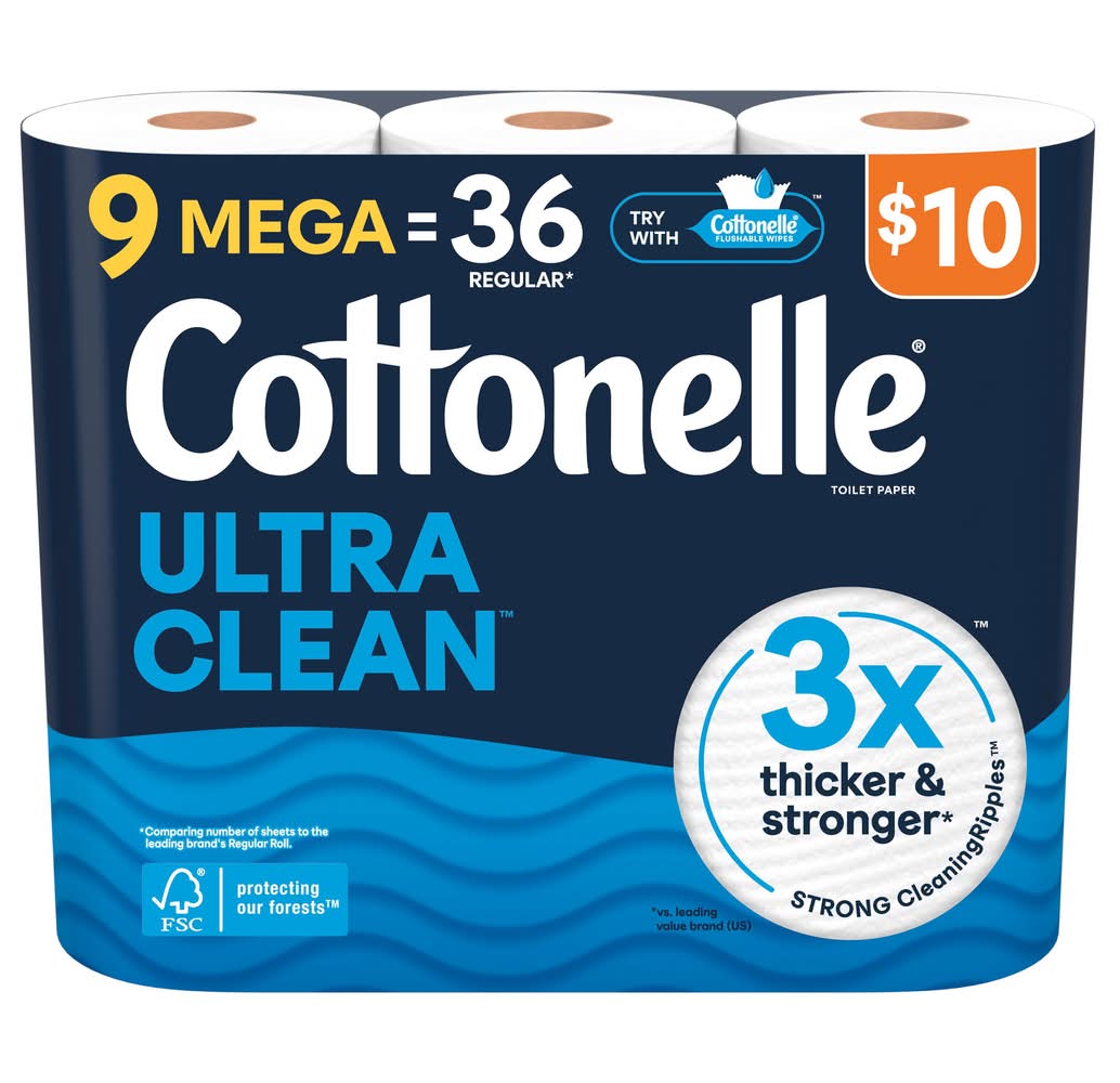 Cottonelle Ultra Clean Toilet Paper, 3.82x4.0 in, White (9 ct)