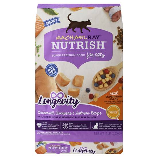 Rachael Ray Nutrish Longevity Chicken With Chickpeas & Salmon Recipe Dry Natural Super Premium Food For Cats