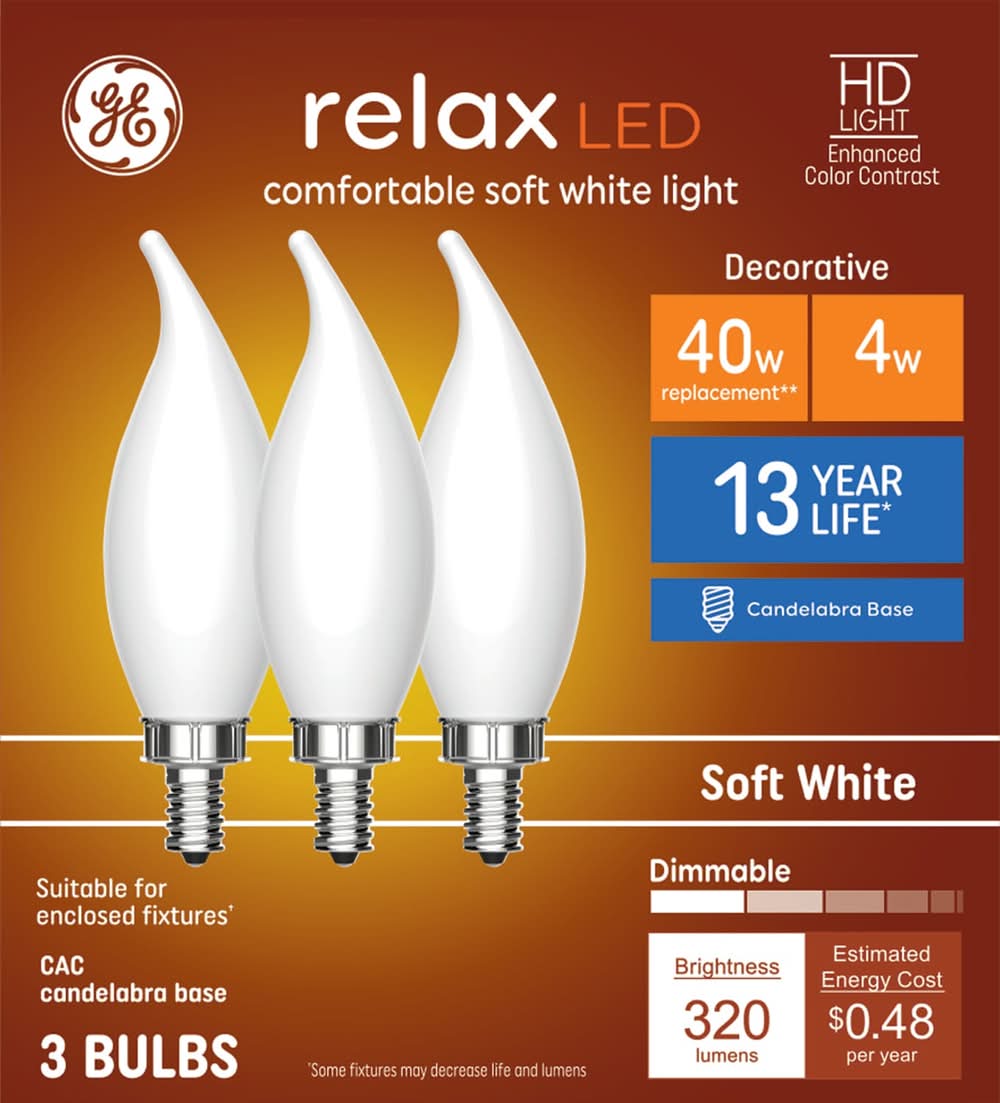GE Relax HD 40 -Watt EQ CA11 Soft white Candelabra screw base Dimmable LED Decorative Light Bulb 3 -Pack
