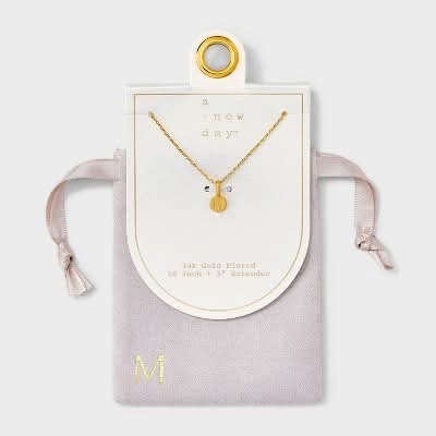14K Gold Plated Round M Initial Necklace - A New Day™ Gold: Nickel-Free, 19" Cable Chain with Extender