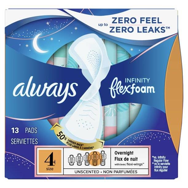 Always - Infinity Overnight Pads w/ Wings, Size 4, 13 Ct (1X6|1 Unit per Case)