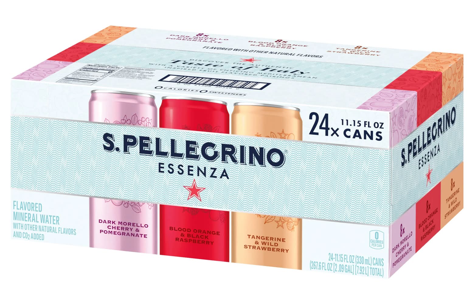 San Pellegrino Essenza Variety pack, Dark Morello Cherry & Pomegranate-Blood Orange & Black Raspberry-Tangerine & Wild Strawberry (24 x 11.15 fl oz)