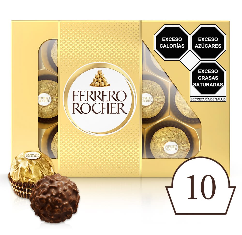 Ferrero Rocher · Galleta cubierta con trozos de avellana y relleno cremoso (10 un)