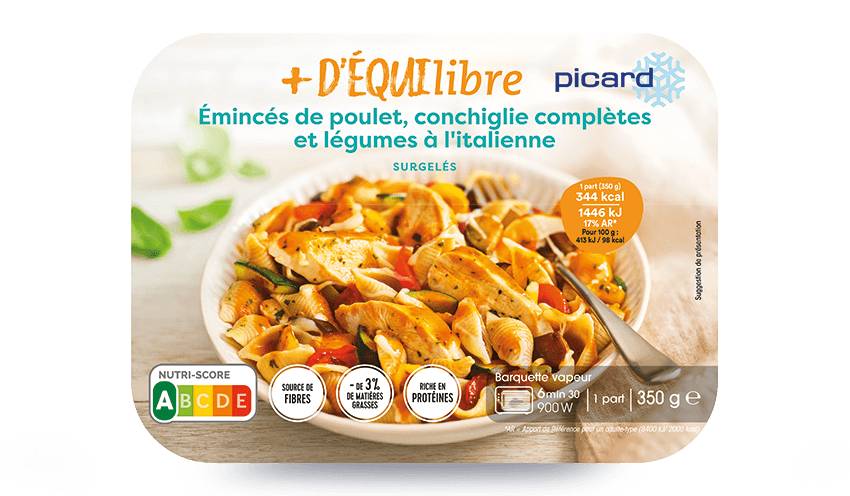 Emincés de poulet, conchiglie complètes, légumes