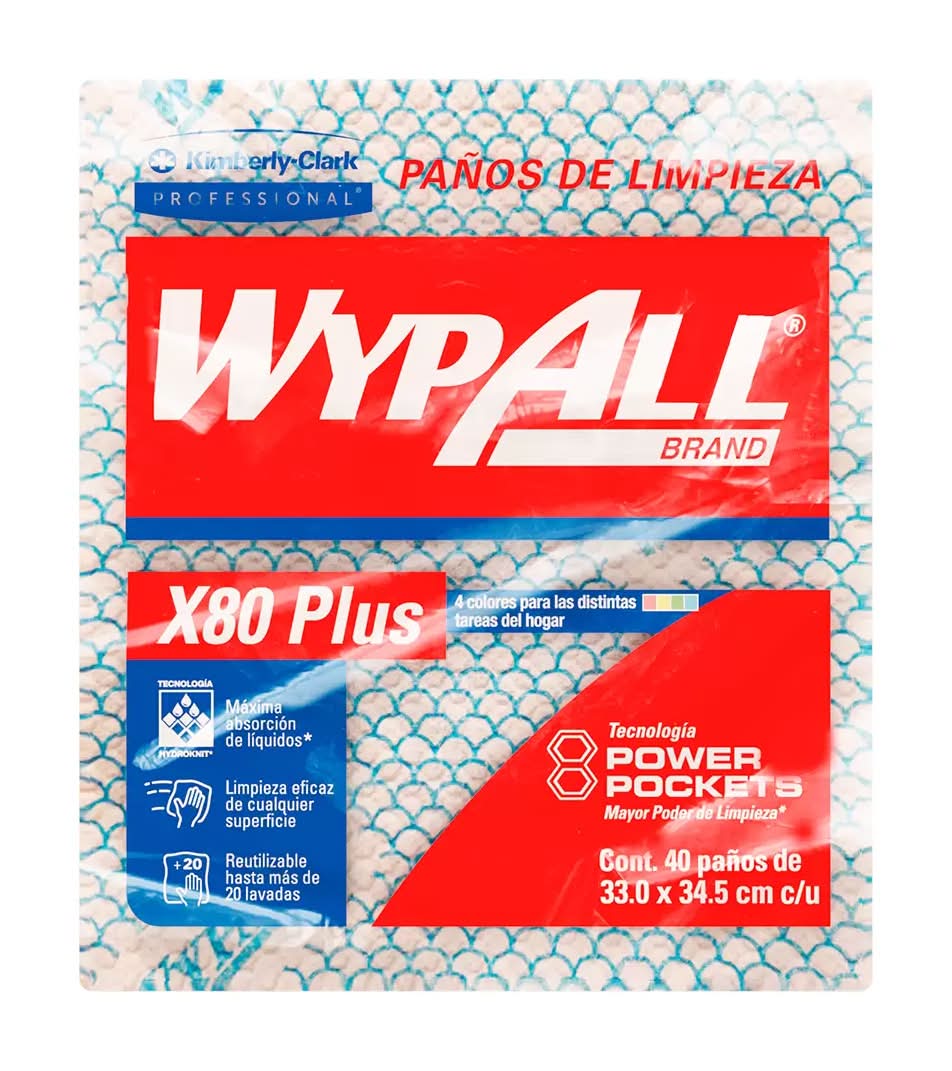 WypAll · Paños de limpieza reutilizables x80 plus con tecnología power pockets, 33cm x 34.5cm, surtido (40 un)