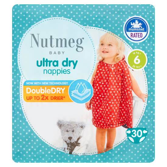 Nutmeg Baby Ultra Dry Size 6 16kg+/35lbs+ (30 nappies)