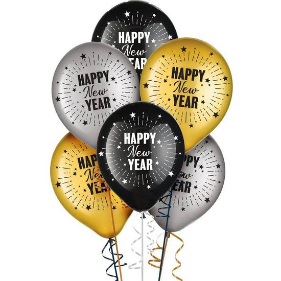 Uninflated 15pc, 11in, Black, Silver Gold Happy New Year Latex Balloons