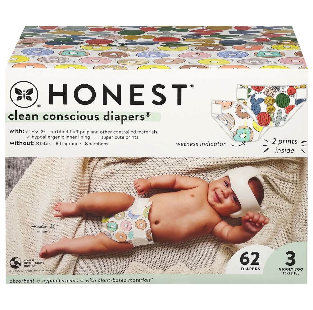 The Honest Company Lean Conscious Disposable Diapers, Size 3, Donut-Cactus Cuties (62 ct)