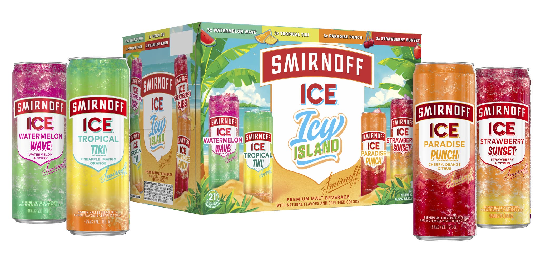 Smirnoff Ice Icy Island Premium Malt Beverage Variety pack, Watermelon Wave-Tropical Tiki-Paradise Punch-Strawberry Sunset (12 x 12 fl oz)