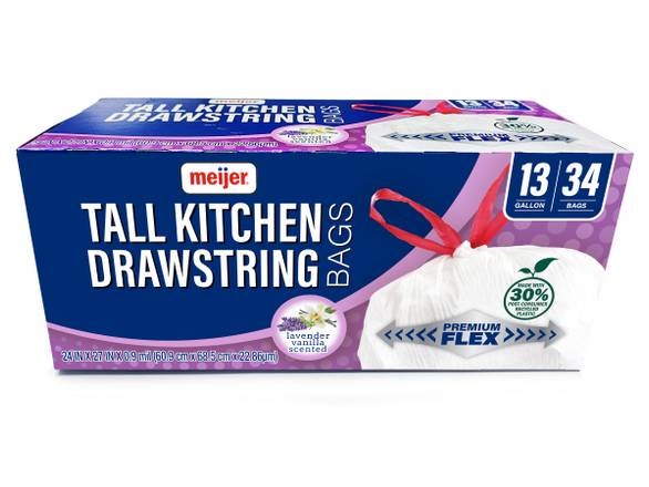 Meijer Tall Kitchen Drawstring Bags Premium Flex Lavender/Vanilla, 13 Gal, 34 Ct