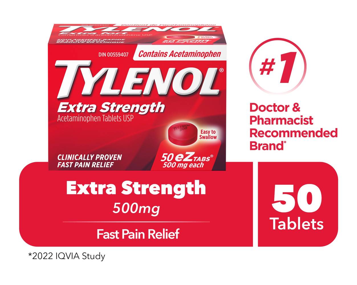 Tylenol Extra Strength 500 mg Fast Pain Relief (50 g, 50 ct)