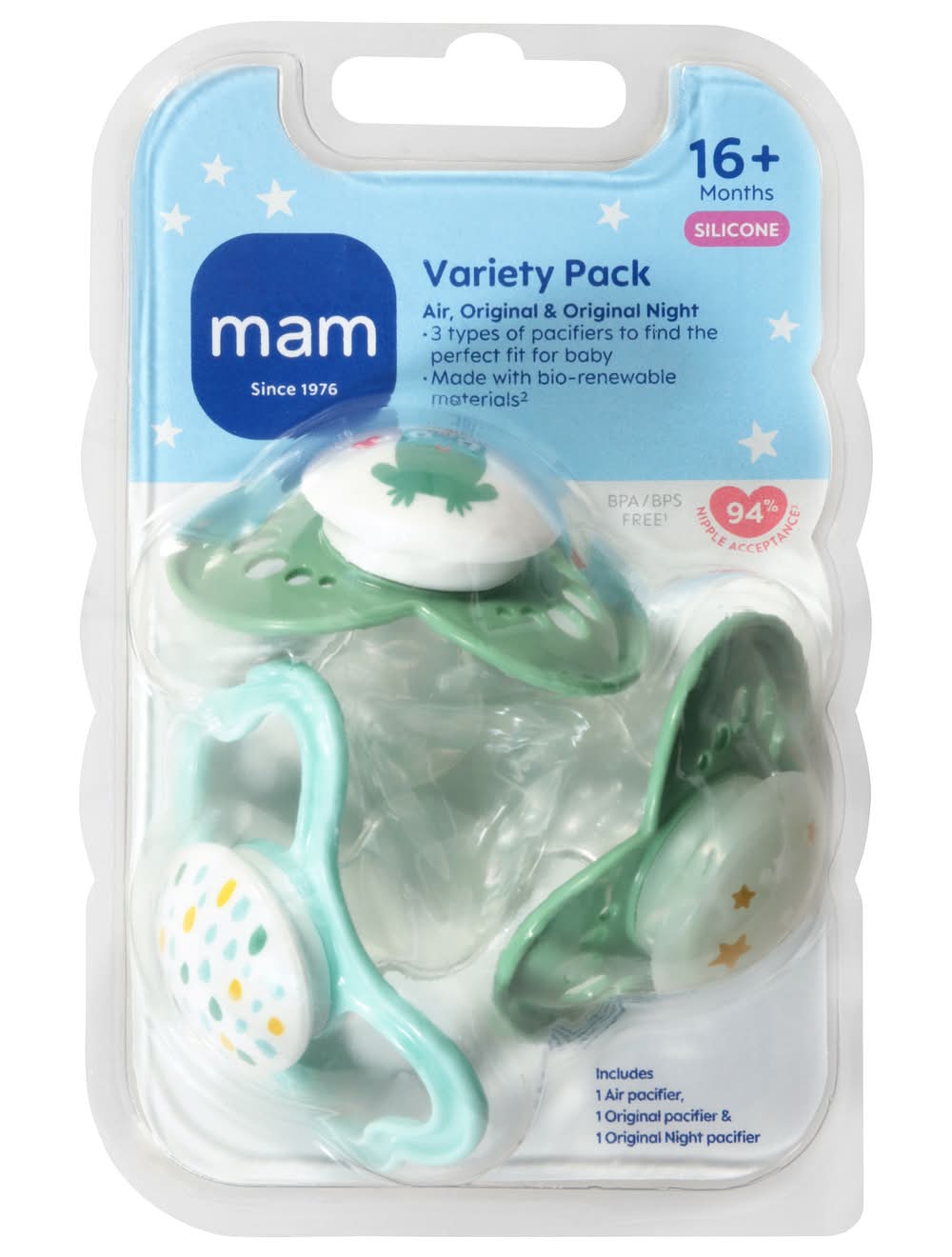 MAM Pacifier Variety pack, 16M, Pale Mint - Teal (3 ct)