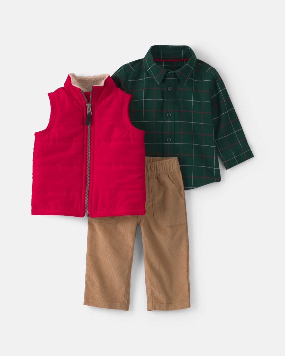 Baby Boy 3-Piece Plaid Twill Long-Sleeve Layering Set - Red/Green/Khaki - 12M