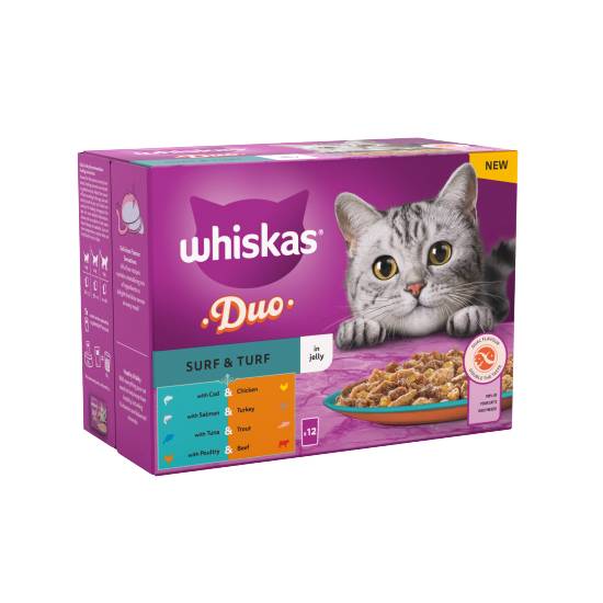 Whiskas 1+ Duo Surf and Turf Adult Wet Cat Food Pouches in Jelly 12 X 85g