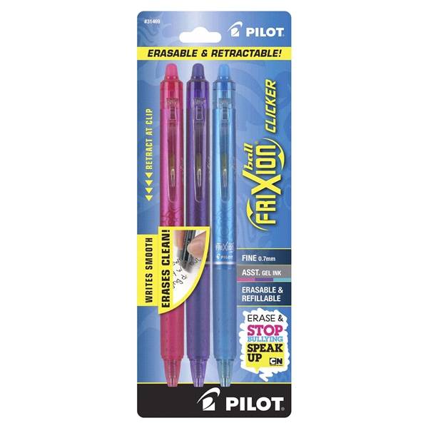 Pilot Frixion Clicker Erasable Gel Ink Pens Fine Point Assorted Ink (3 ct)