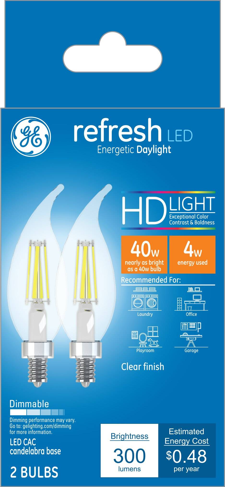 Ge Refresh Hd 40W Clear Led Light Bulbs, Led Cac, 2 Ct