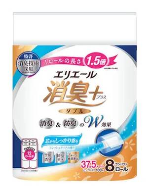 エリエール 消臭+ トイレットティシュー コンパクト ダブル - 芯からしっかり香る フレッシュクリアの香り, 37.5m (8 入)