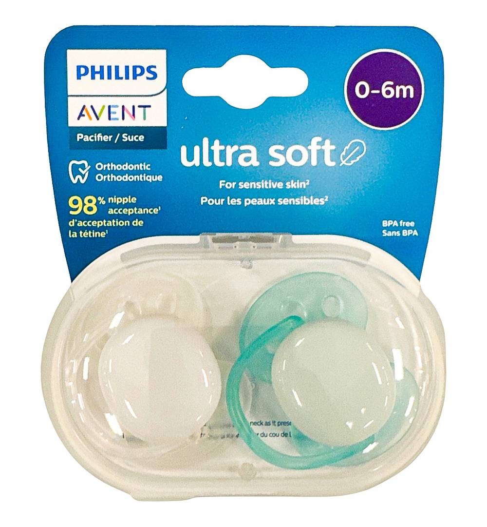 Philips Ultra Soft Pacifier 0-6 Months, Green-Arctic White