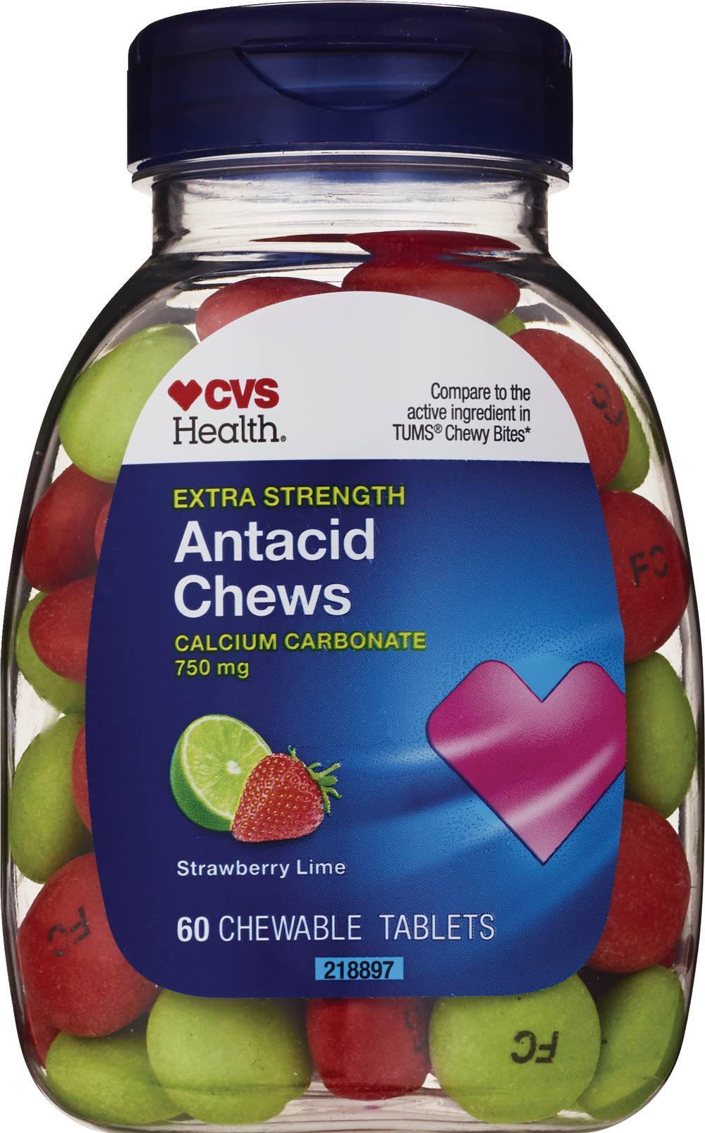 CVS Health Extra Strength Antacid Chewable Tablets, Strawberry Lime, 60 CT