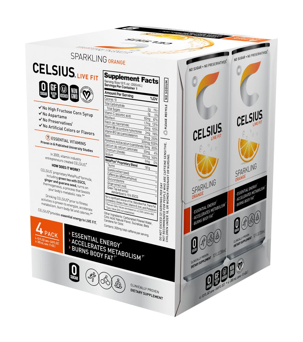 Celsius Live Fit Sparkling Energy Drink, Orange (4 x 12 fl oz)