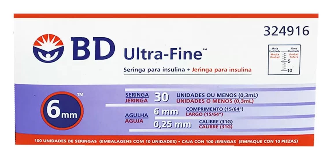 BD · Ultra-fine jeringa para insulina 0.5 ml, 6x0.25 mm (100 un)