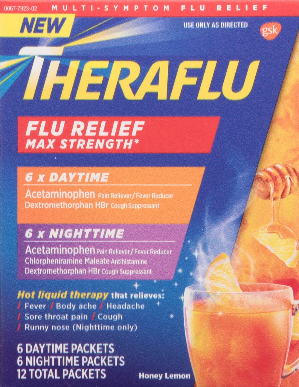 Theraflu Max Strength Daytime & Nighttime Flu Relief Packets, Honey Lemon (12 ct)