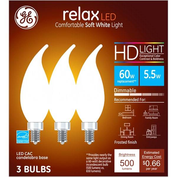Relax Hd Led 60w Eq Frost Decorative Candelabra Base Bent Tip Dimmable Light Bulb 3-pack