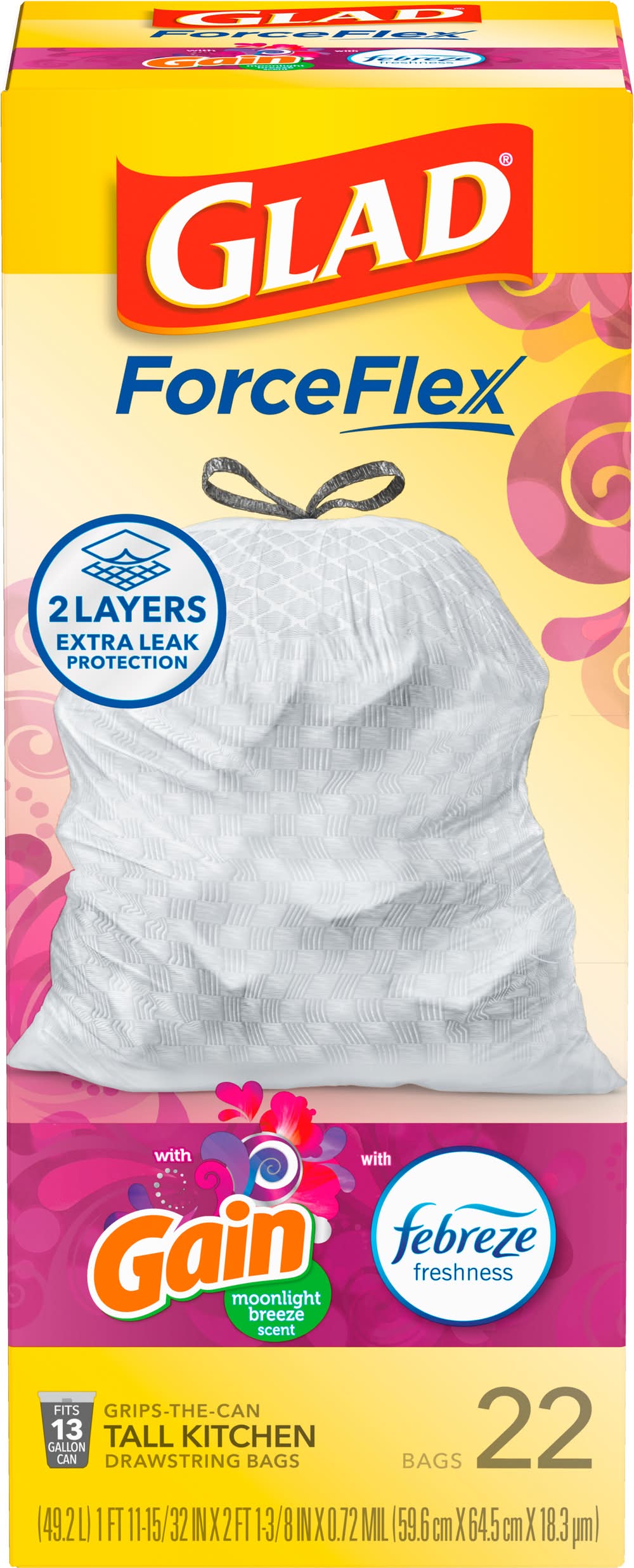 Glade Forceflex Tall Kitchen Drawstring Trash Bags 13 Gal, Moonlight Breeze, 59.6cm x 64.5cm x 18.3μm (22 ct)