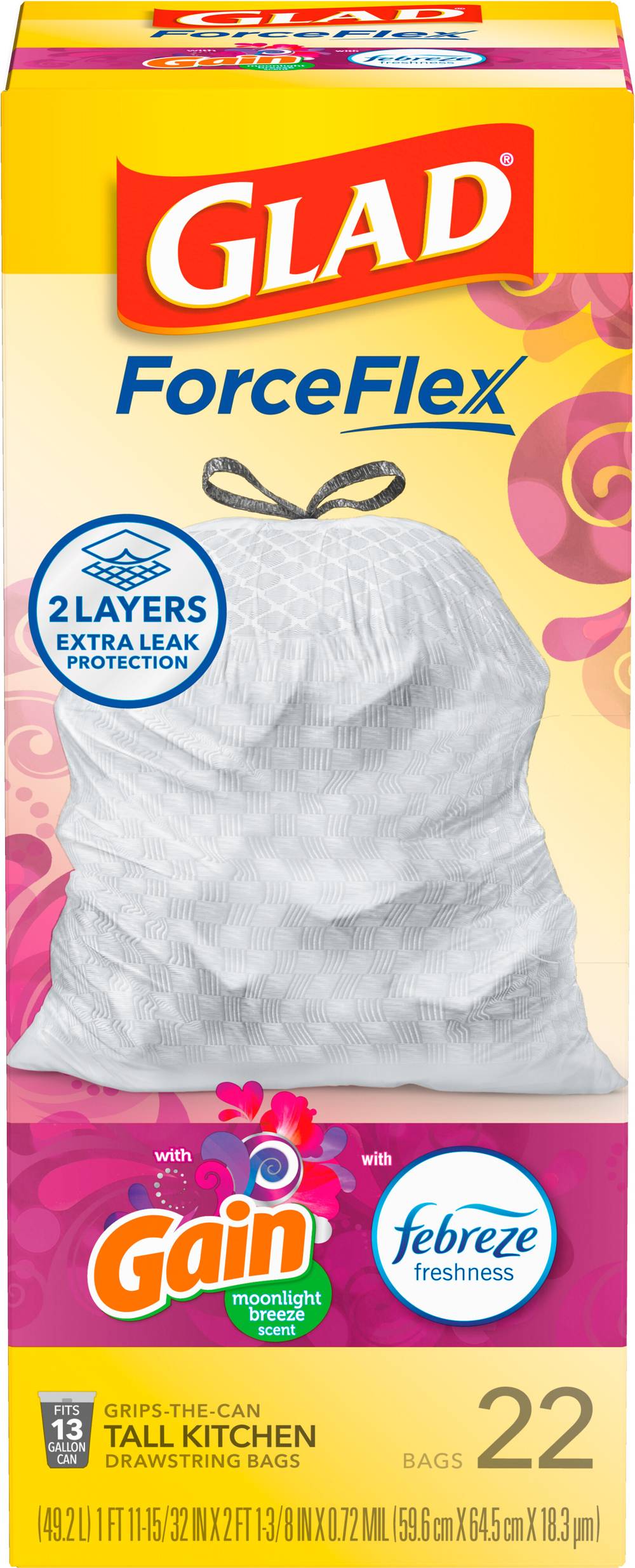 Glad Forceflex Tall Kitchen Drawstring Trash Bags, 59.6x64.5x0.01 cm (22 ct)
