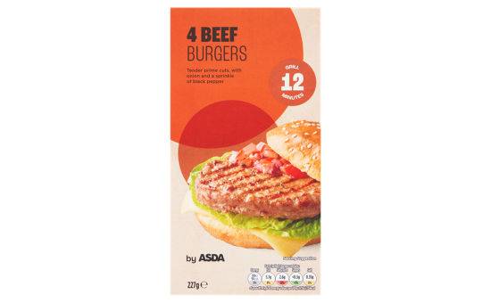 Asda 4 Beef Burgers 227g