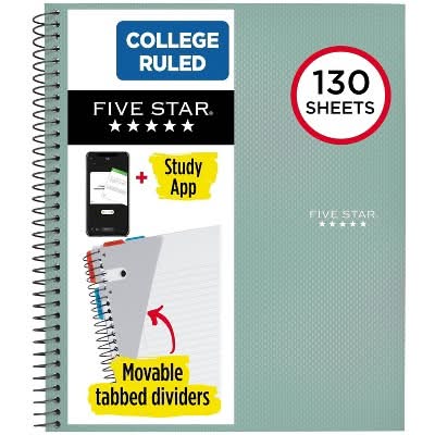 Five Star College Ruled 1 Subject Spiral Notebook Sage, 8.5 x 11" (130 ct)