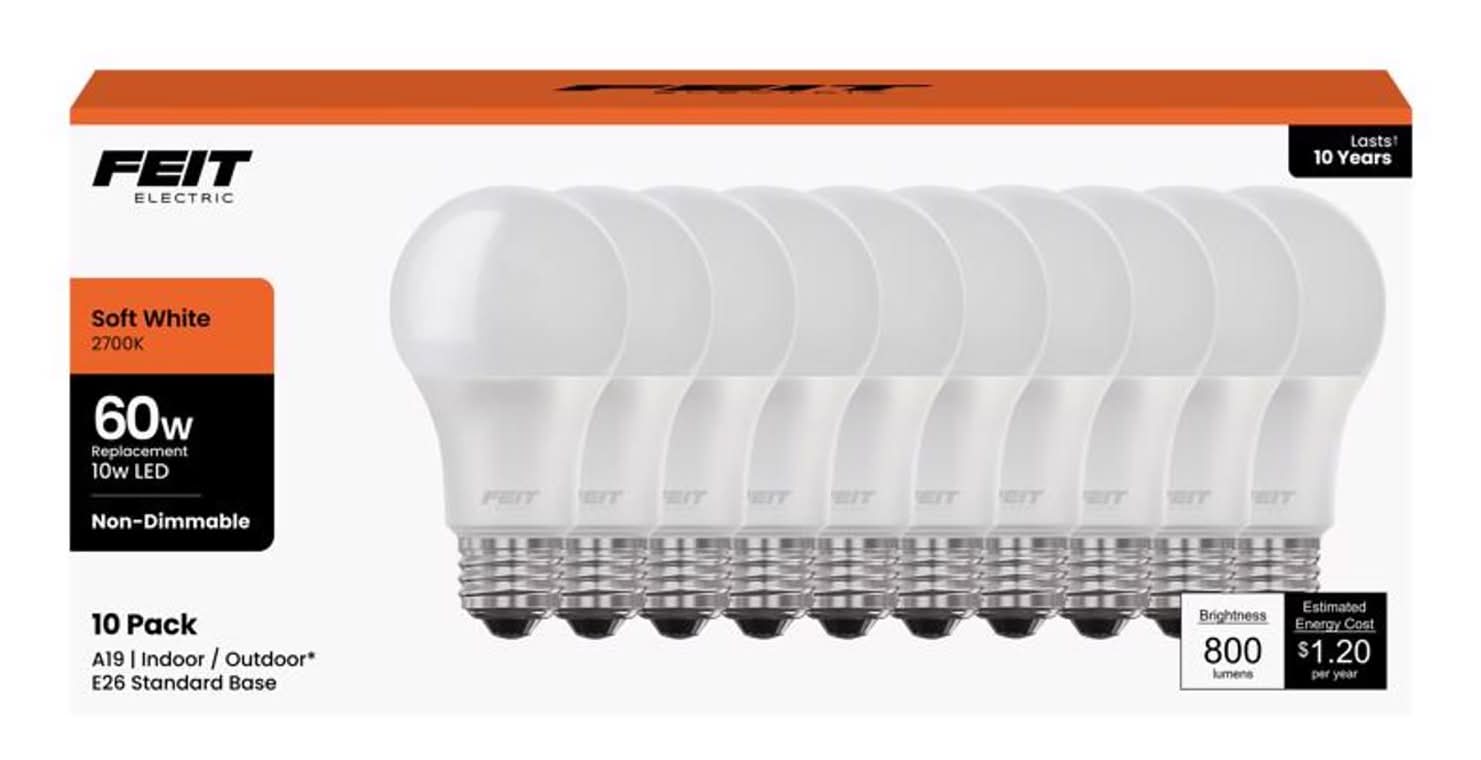 Feit A19 E26 (Medium) Led Bulb Soft White 60 Watt Equivalence 10 Pk