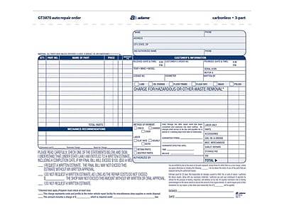 Adams 8 1/2" X 7 7/16" Carbonless White/Canary/White Auto Repair Order Set