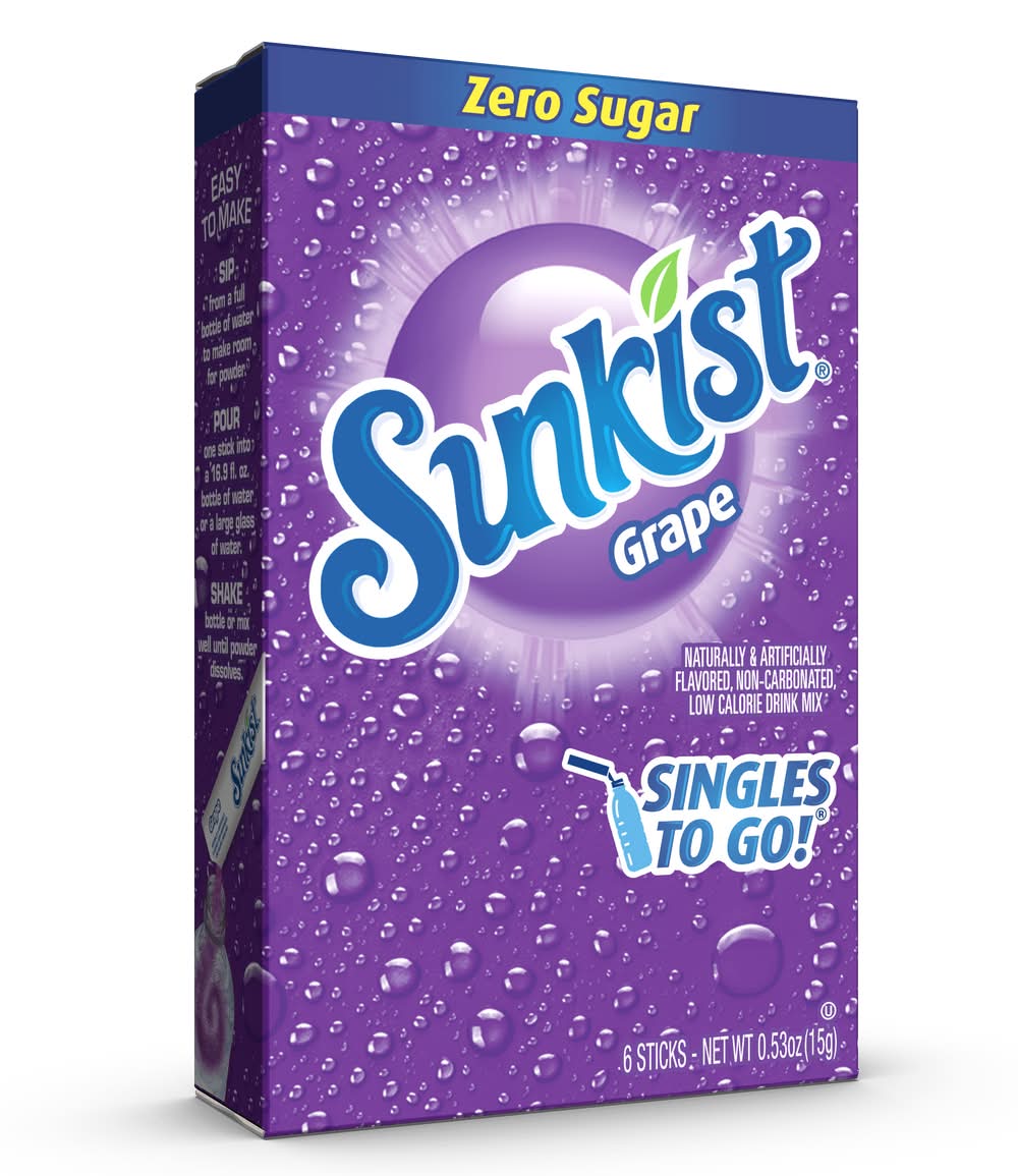 Sunkist Singles To Go Zero Sugar Drink Mix, Grape (0.53 oz, 6 ct)