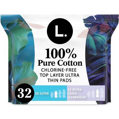 L . Organic Cotton Topsheet Ultra Thin Pads Duo pack Overnight Absorbency (32 ct)