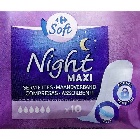 Serviettes hygiéniques Night Maxi CARREFOUR SOFT - le paquet de 10