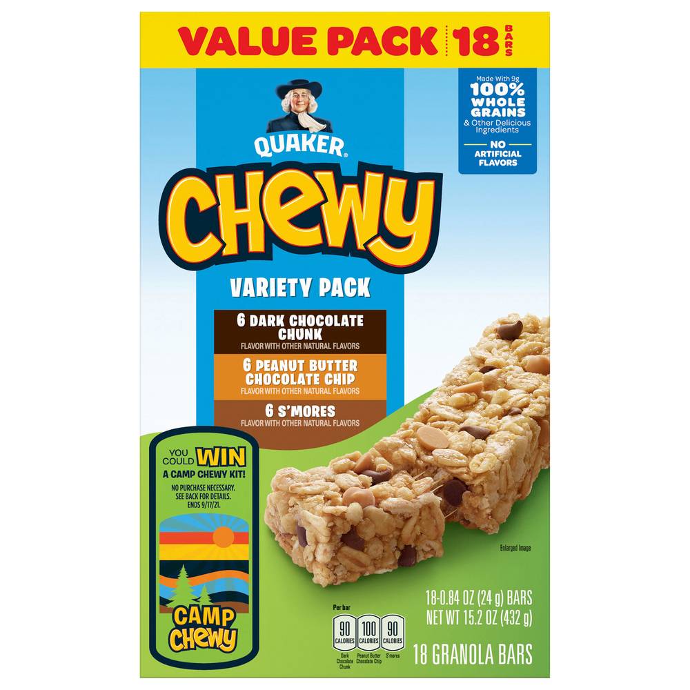 Quaker Chewy Oats Granola Bars Variety pack, Assorted (0.84 oz, 18 ct)