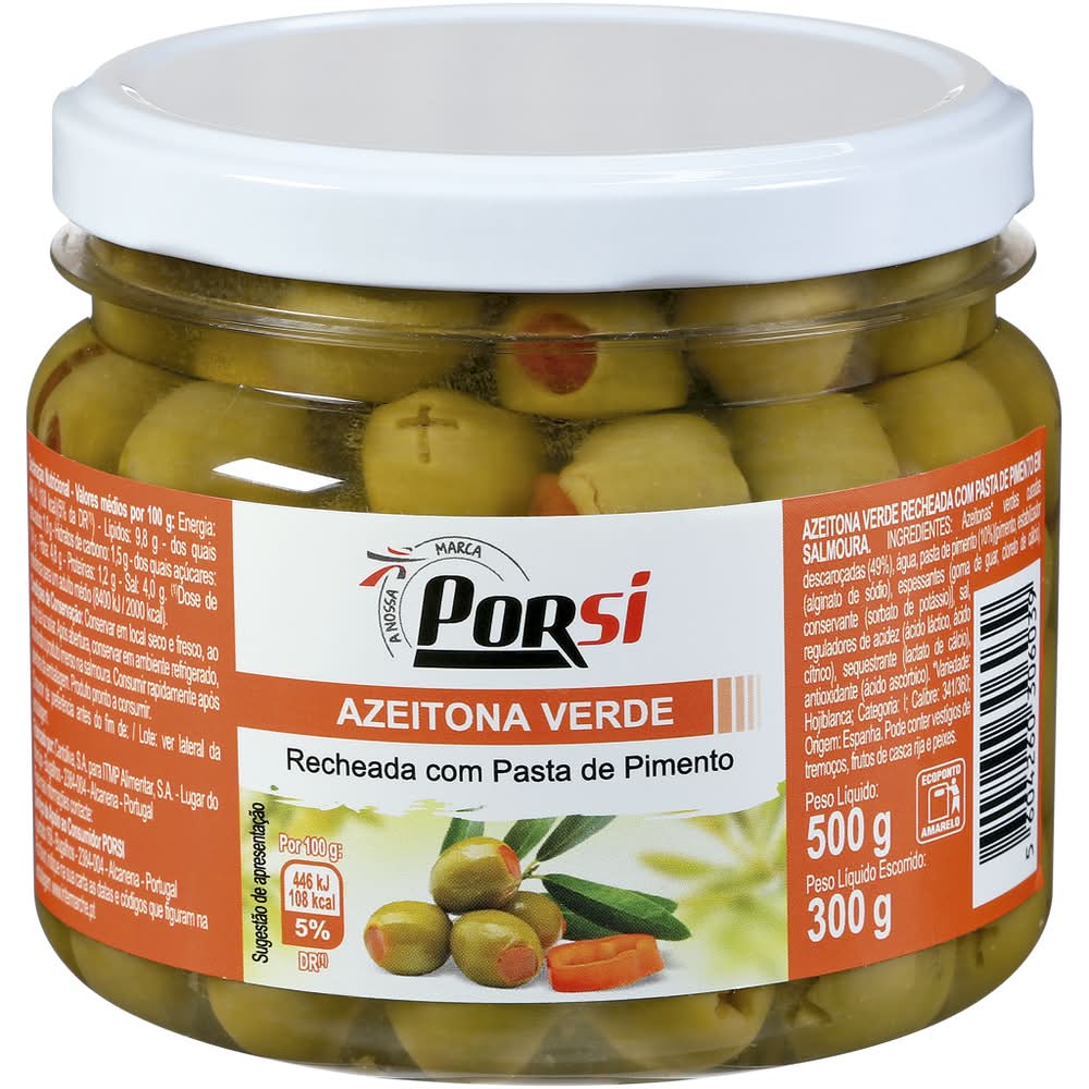 PorSi - Azeitonas verdes recheadas com pasta de pimento, 300 g
