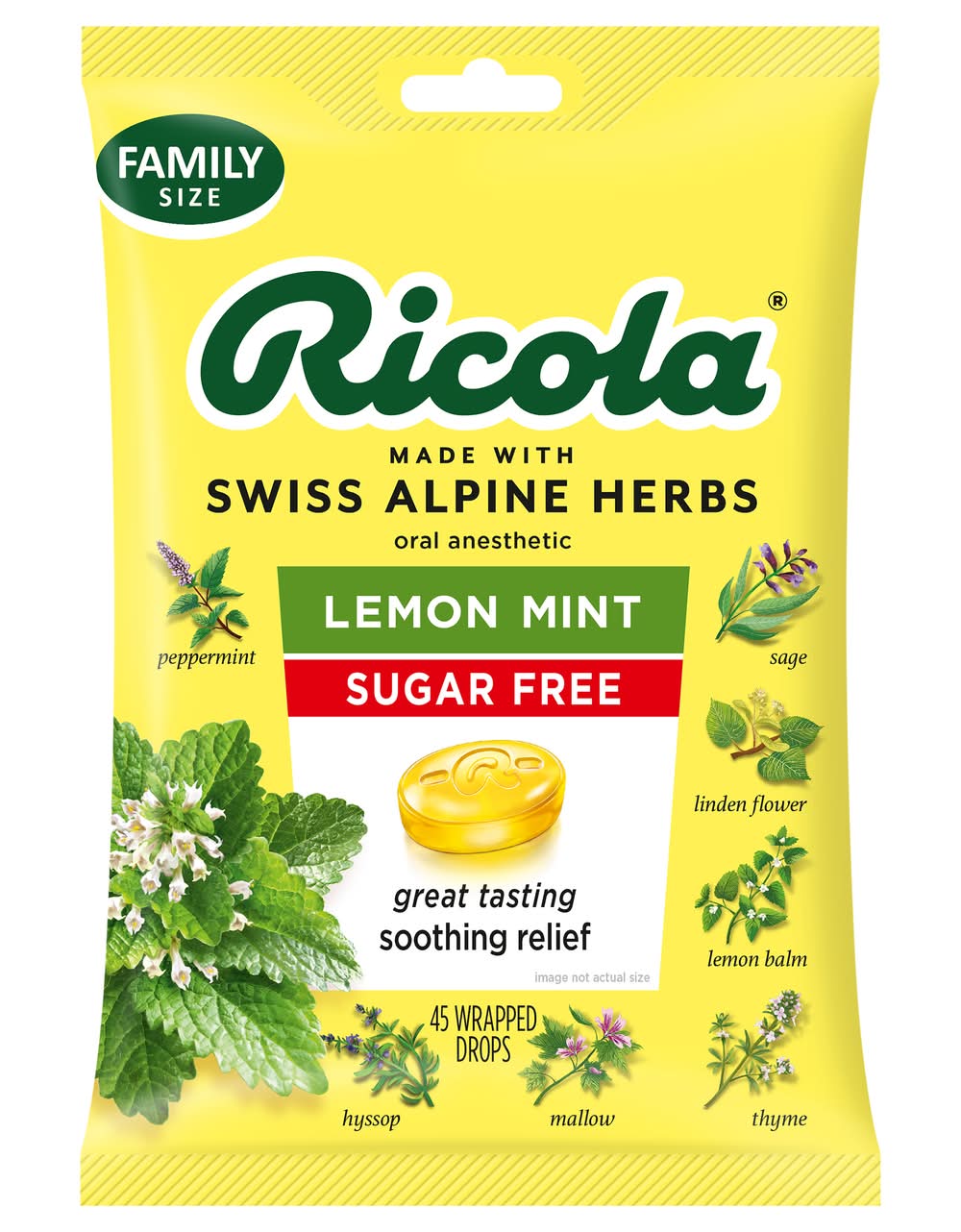 Ricola Sugar Free Herb Throat Drops Oral Anesthetic, Lemon Mint (45 ct)