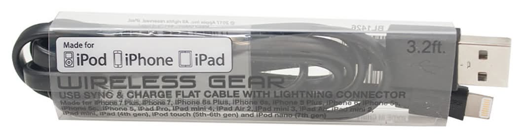 Wireless Gear Usb Sync & Charge Flat Cable With Lightning Connector Black 3.2 Ft