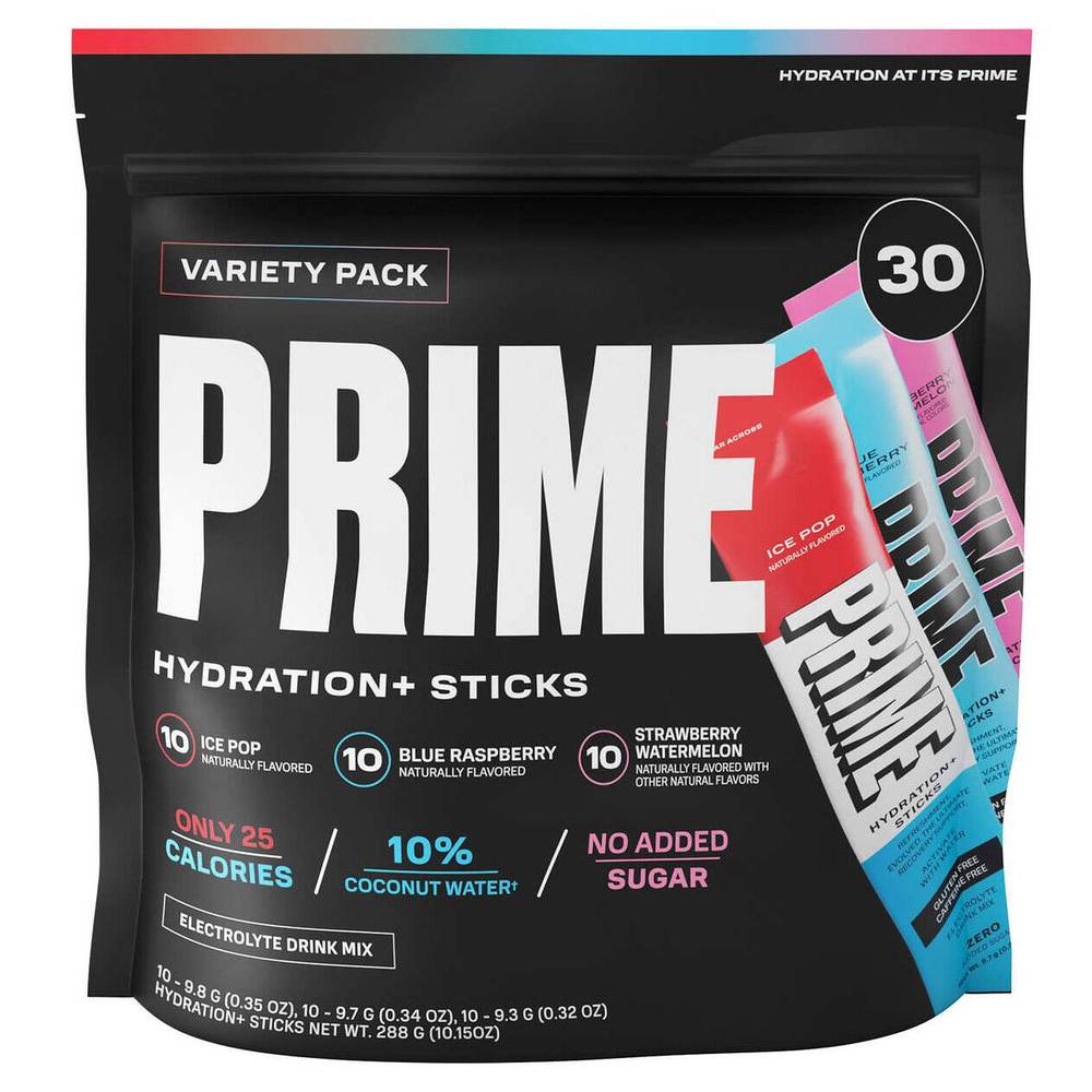Prime Hydration+ Sticks Electrolyte Drink Mix, Variety Pack, 30-Count