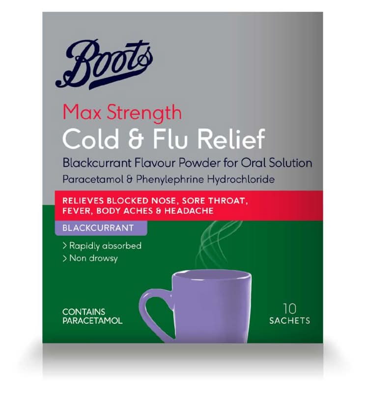 Boots Blackcurrant, Max Strength Cold & Flu Relief Powder For Oral Solution (10 pack)