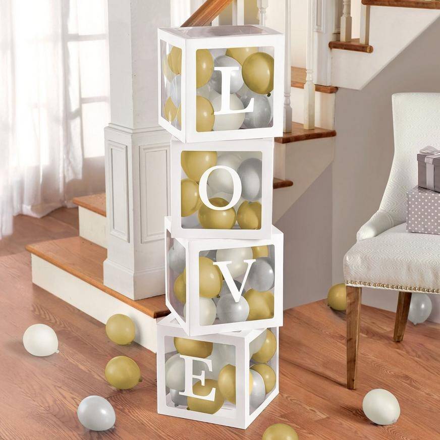 LOVE Cardstock Balloon Boxes (11.75in, 4pc) with Gold Silver Latex Balloons (65ct)