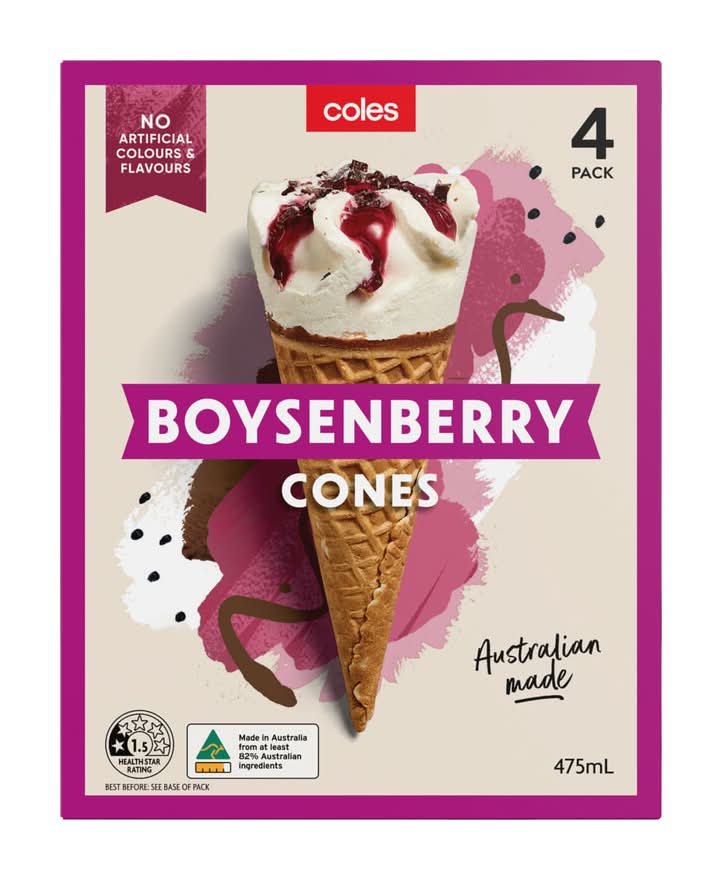 Coles Ice Cream Cones, Boysenberry (475mL, 4 pack)